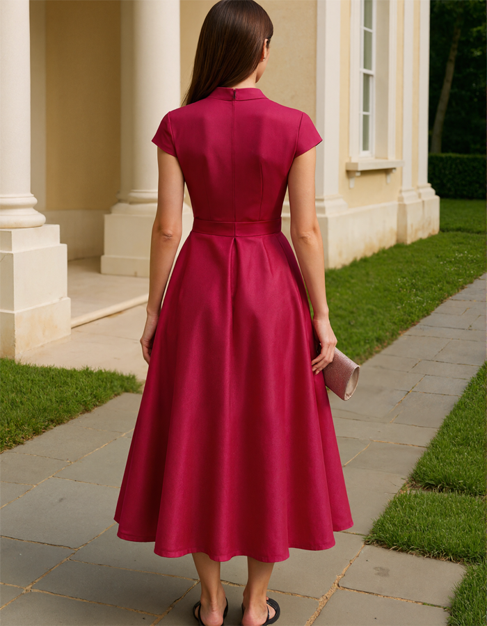 FJØRNA red satin midi dress for women with V-neck, A-line silhouette, floral pattern, perfect for elegant occasions.