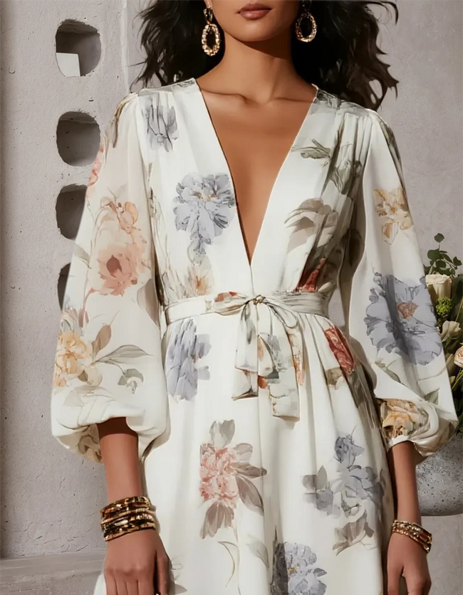 Ivory chiffon midi dress for women with V-neck and printed design, by FJØRNA, showcased on a model.