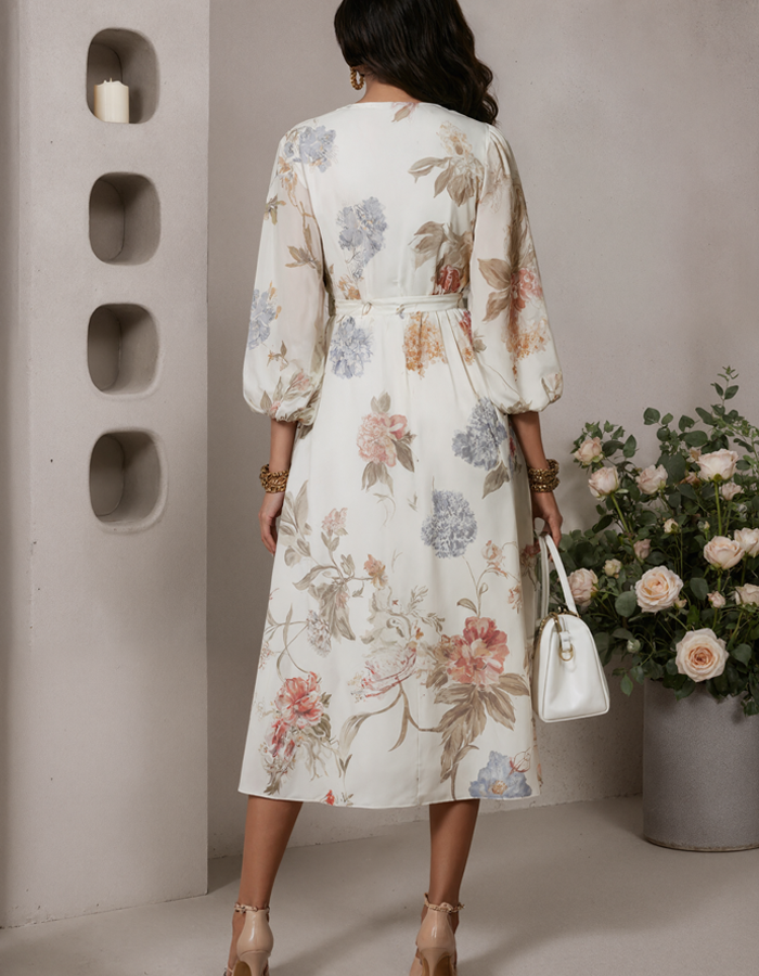 Ivory chiffon midi dress for women by FJØRNA featuring a V-neck and printed design, shown hanging on a white background.