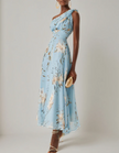 Light blue chiffon midi dress for women with one-shoulder floral design by FJØRNA, featuring elegant flowing fabric.