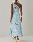 Light blue chiffon midi dress for women with one-shoulder floral design by FJØRNA, elegant and flowy for special occasions.