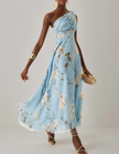 Light blue chiffon midi dress for women by FJØRNA, featuring an elegant one-shoulder design with floral details.