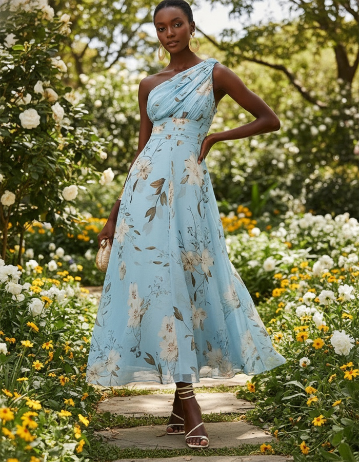 Light blue chiffon midi dress for women by FJØRNA featuring an elegant one-shoulder design and floral pattern.