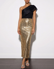 FJØRNA gold sequin midi dress for women featuring a one-shoulder design and ruffle details, elegant evening wear.
