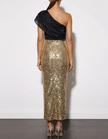 Gold sequin midi dress for women with one-shoulder ruffle detail by FJØRNA, styled for elegant occasions.