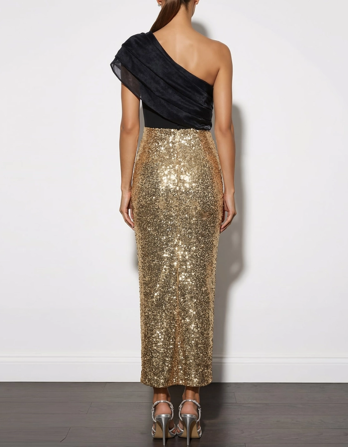 Gold sequin midi dress for women with one-shoulder ruffle detail by FJØRNA, styled for elegant occasions.