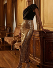 Gold sequin midi dress for women by FJØRNA, one-shoulder design with ruffle details, perfect for elegant occasions.