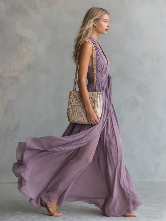 FJØRNA chiffon halter neck maxi dress for women, elegant evening dress with flowing fabric and stylish design.
