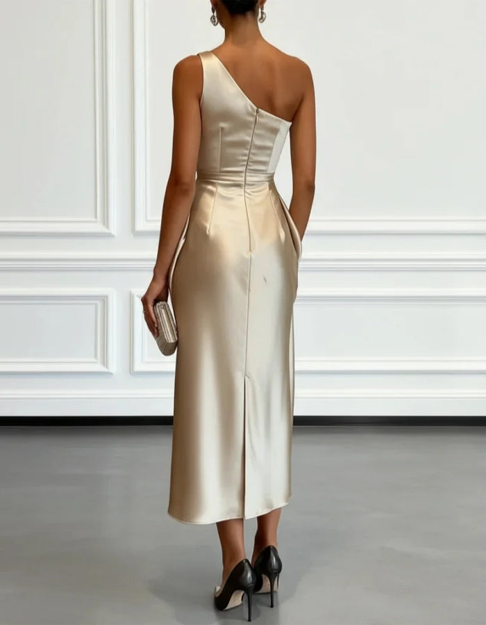 FJØRNA champagne satin midi dress for women, one-shoulder style with pleated design, elegant evening dress.