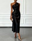FJØRNA champagne satin midi dress for women with one-shoulder design and pleated detailing, elegant formal evening wear