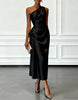 FJØRNA champagne satin midi dress for women with one-shoulder design and pleated detailing, elegant formal evening wear