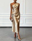FJØRNA champagne satin midi dress for women with one-shoulder design and pleated details, elegant evening dress.