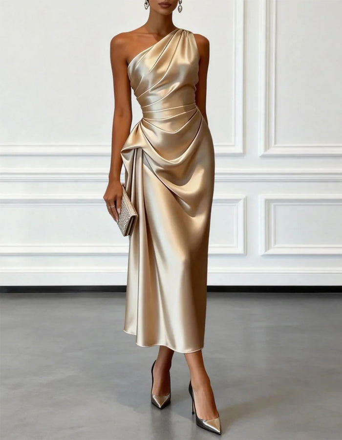FJØRNA champagne satin midi dress for women with one-shoulder design and pleated details, elegant evening dress.