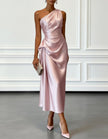 FJØRNA champagne satin midi dress for women, one-shoulder style with pleated design, elegant evening dress.