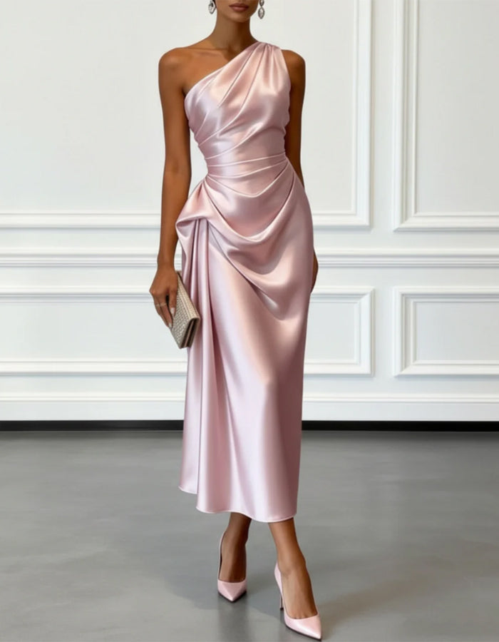 FJØRNA champagne satin midi dress for women, one-shoulder style with pleated design, elegant evening dress.