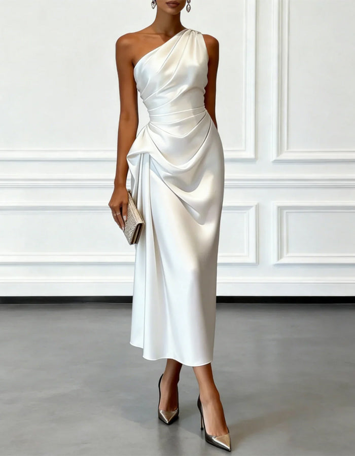 FJØRNA champagne satin midi dress for women, one-shoulder design with pleated details, elegant evening dress.
