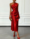FJØRNA champagne satin midi dress for women with one-shoulder design and pleated details, elegant evening dress.