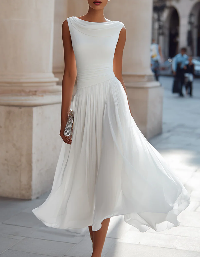 FJØRNA chiffon midi dress for women with draped neckline and pleated design, shown in a stylish, flowing silhouette.