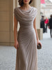 FJØRNA black draped cowl-neck ruched maxi dress with long sleeves, elegant evening dress for formal occasions.