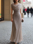 FJØRNA black draped cowl-neck ruched maxi dress, elegant evening dress with flowing fabric and fitted waist.