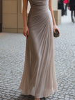 FJØRNA black draped cowl-neck ruched maxi dress, elegant evening dress with flowing fabric and sophisticated design.