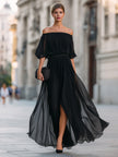 FJØRNA off-shoulder pleated chiffon maxi dress for wedding guests, featuring a flowing design and elegant off-shoulder style.