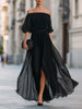 FJØRNA off-shoulder pleated chiffon maxi dress for wedding guests, featuring flowing fabric and elegant design.