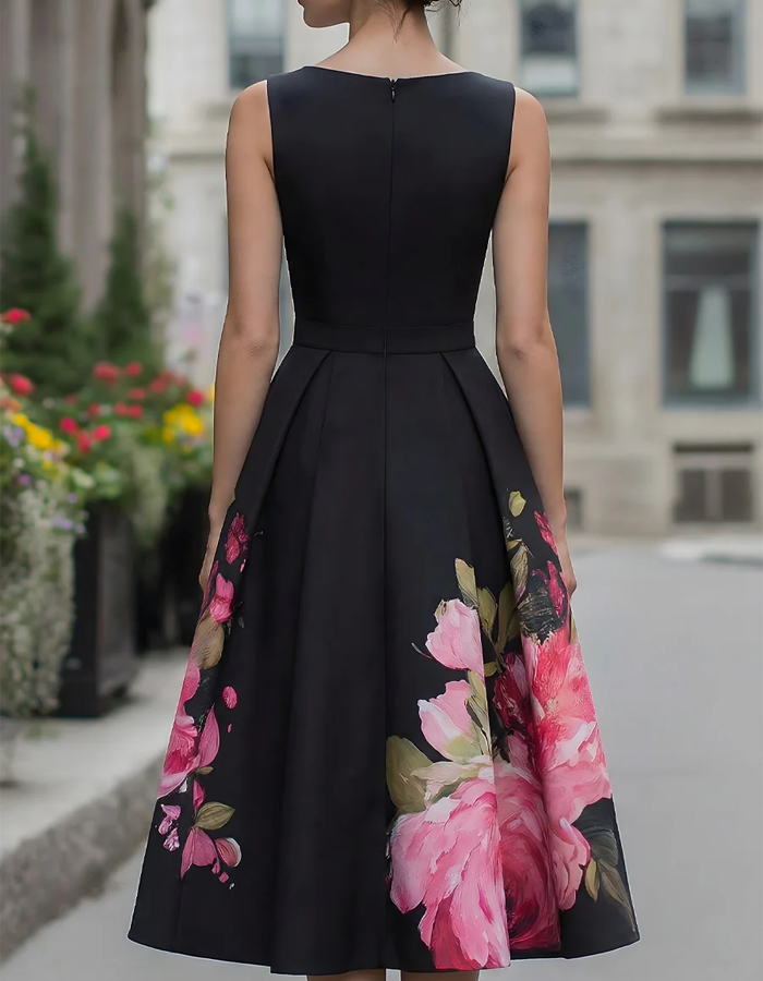 FJØRNA black floral printed sleeveless midi dress for women, featuring a fitted waist and flowing skirt.
