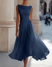 FJØRNA chiffon midi dress for women with draped neckline and pleated skirt, elegant and flowy evening dress.