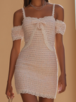 FJØRNA lace-trim tweed mini dress with matching tweed 2-piece set, stylish women's dress featuring lace accents and textured fabric.