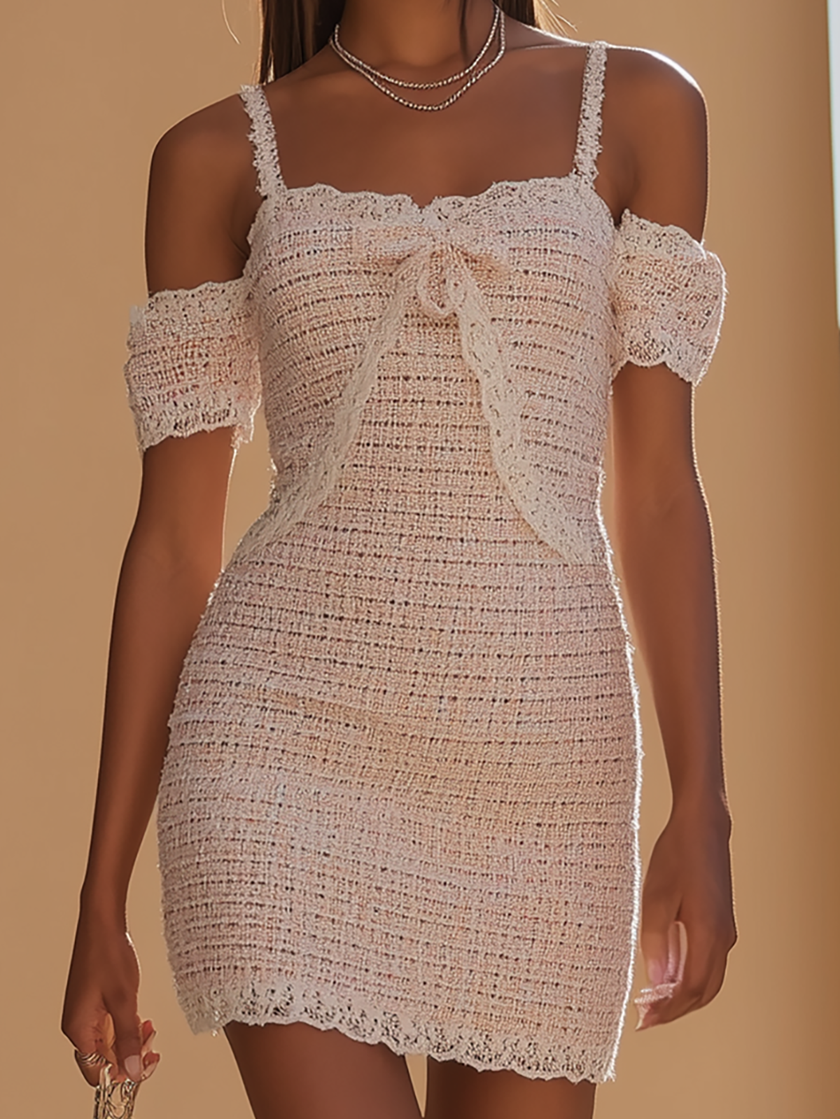 FJØRNA lace-trim tweed mini dress with matching tweed 2-piece set, stylish women's dress featuring lace accents and textured fabric.