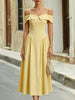 Yellow off-the-shoulder sweetheart A-line midi dress by FJØRNA, featuring a fitted bodice and flowing skirt.