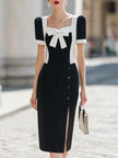 FJØRNA elegant color block bow midi dress with square neckline and puff sleeves, stylish and versatile for special occasions.