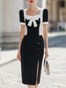 FJØRNA elegant color block bow midi dress with square neckline and puff sleeves, stylish and versatile for special occasions.