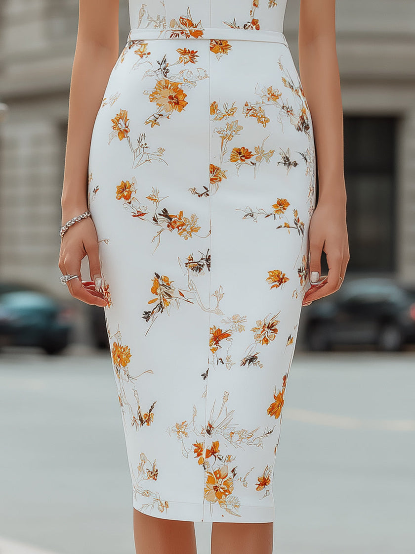 White floral FJØRNA deep V-neck bodycon midi dress featuring a fitted silhouette and elegant floral pattern.