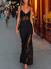 FJØRNA black lace-insert V-neck split-hem maxi dress, elegant evening dress with flowing silhouette and lace details.