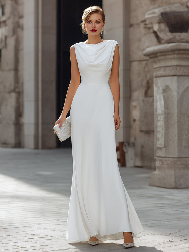 White FJØRNA draped cowl-neck A-line maxi dress for women, featuring flowing fabric and elegant silhouette.