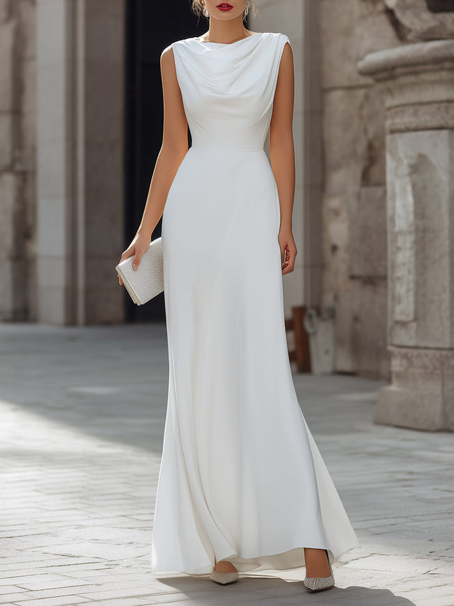 White FJØRNA draped cowl-neck A-line maxi dress for women, featuring a flowing silhouette and elegant design.