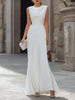 White FJØRNA draped cowl-neck A-line maxi dress for women, featuring a flowing silhouette and elegant design.