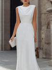 White FJØRNA draped cowl-neck A-line maxi dress for women, flowing fabric with elegant draping and a relaxed fit.