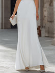 White FJØRNA draped cowl-neck A-line maxi dress for women, featuring a flowing silhouette and elegant design.