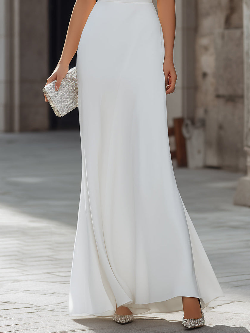 White FJØRNA draped cowl-neck A-line maxi dress for women, featuring a flowing silhouette and elegant design.
