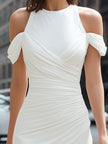 FJØRNA cold-shoulder draped high-neck midi dress for cocktail occasions, featuring elegant design and soft fabric.