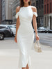 FJØRNA cold-shoulder draped high-neck midi cocktail dress, showcasing elegant design and flowing fabric.