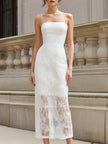 FJØRNA spaghetti strap lace overlay midi bodycon dress, elegant cocktail dress with fitted silhouette and intricate lace details.