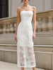 FJØRNA spaghetti strap lace overlay midi bodycon dress, elegant cocktail dress with fitted silhouette and intricate lace details.