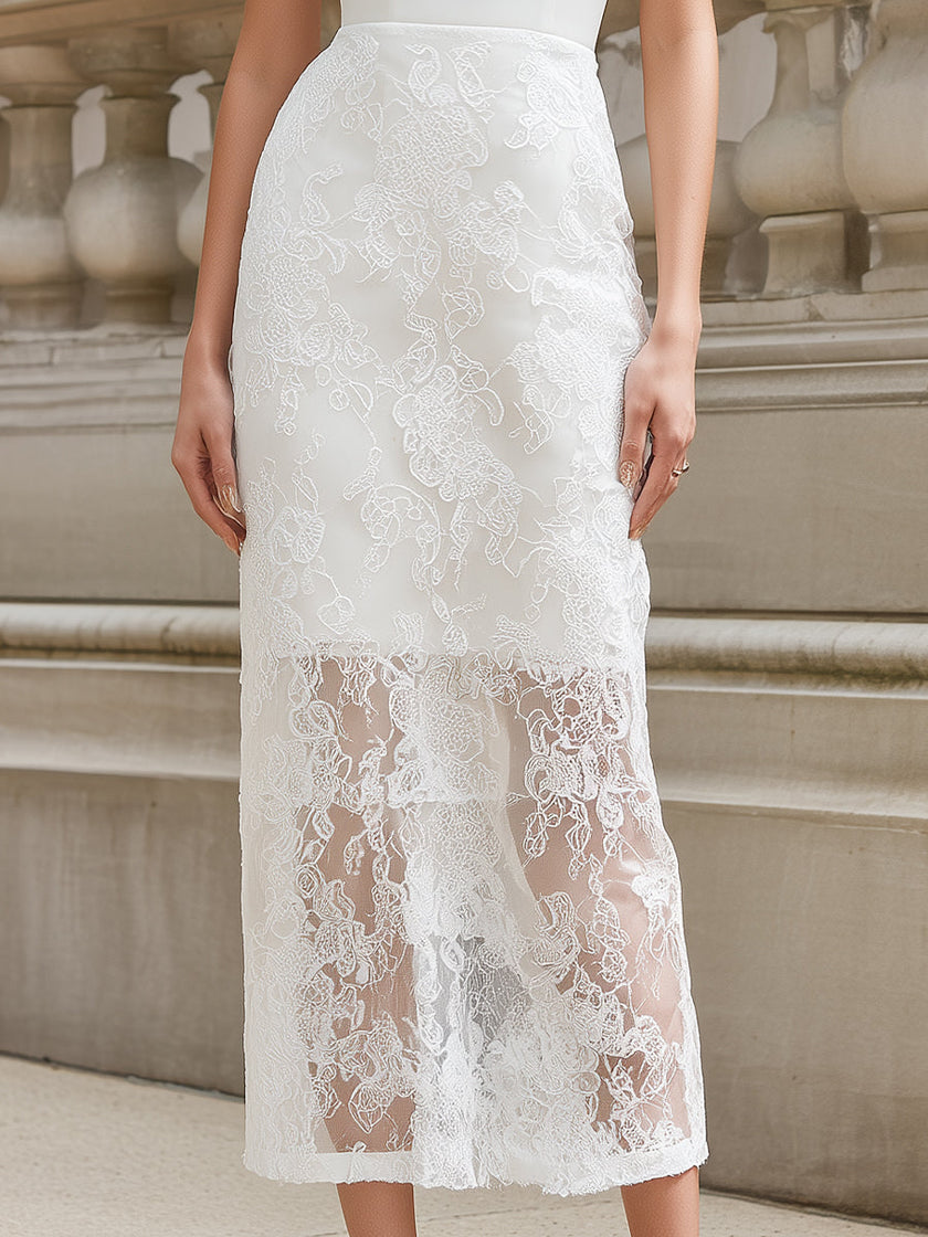 FJØRNA spaghetti strap lace overlay bodycon midi dress with fitted silhouette and elegant design, perfect for cocktail occasions.