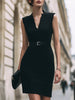 FJØRNA sleeveless wrap V-neck belted mini cocktail dress, stylish and elegant for special occasions, shown in black fabric.