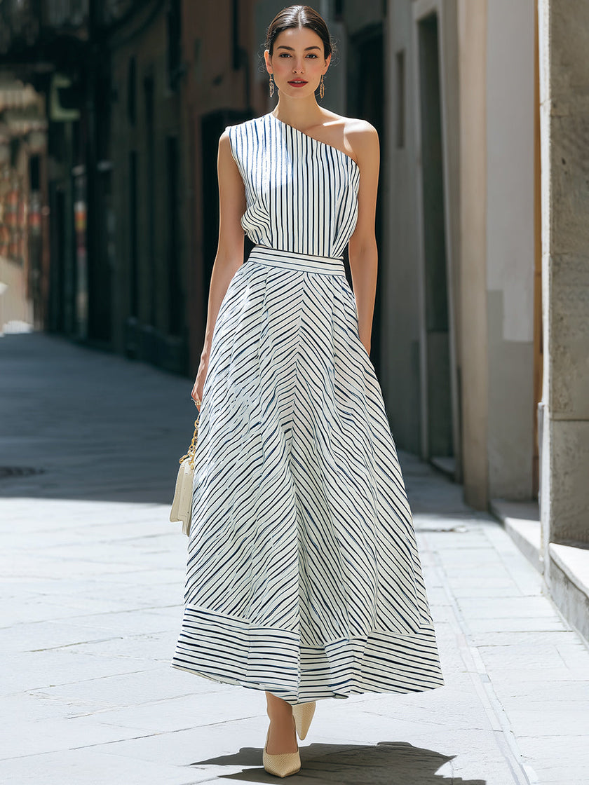 One-Shoulder Striped Pleated Midi Dress