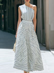 FJØRNA one-shoulder striped pleated midi dress with asymmetric shoulder design and flowing fabric, stylish and elegant for occasions.